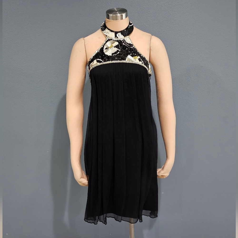 Vintage 90s NINA AUSTIN Black Silk Chiffon Sequin Halter Shift Dress S
